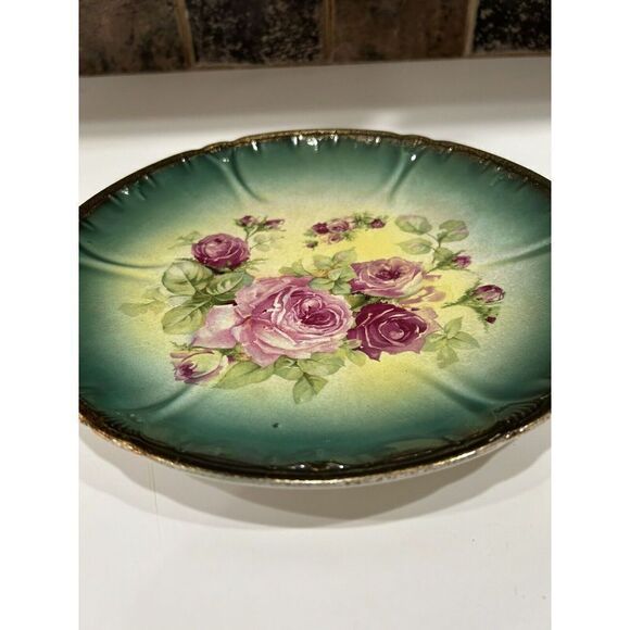 Franz Anton Mehlem Bonn Detailed Green Plate Pink Flowers antique Plate. - Picture 2 of 10